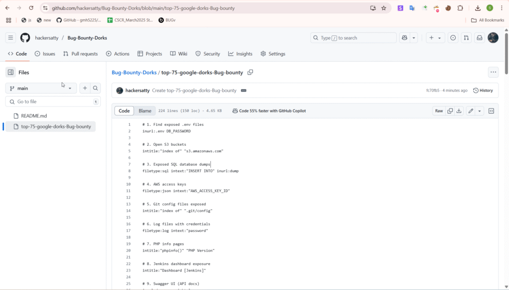 Google Dorks Collection for Bug Bounty and OSINT by Satyam Pawale on GitHub – A curated list of powerful search queries to uncover sensitive information, misconfigurations, and exposed assets for ethical hacking and security research.