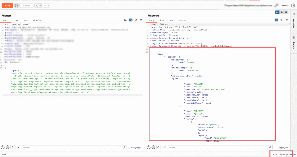 GraphQL introspection exposure revealing sensitive internal schema data in an API vulnerability scenario.